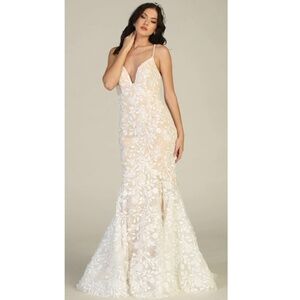 Ivory Embroidered Gown Nude w/ Lace Formal Bridal Special Occasion Prom Size 10